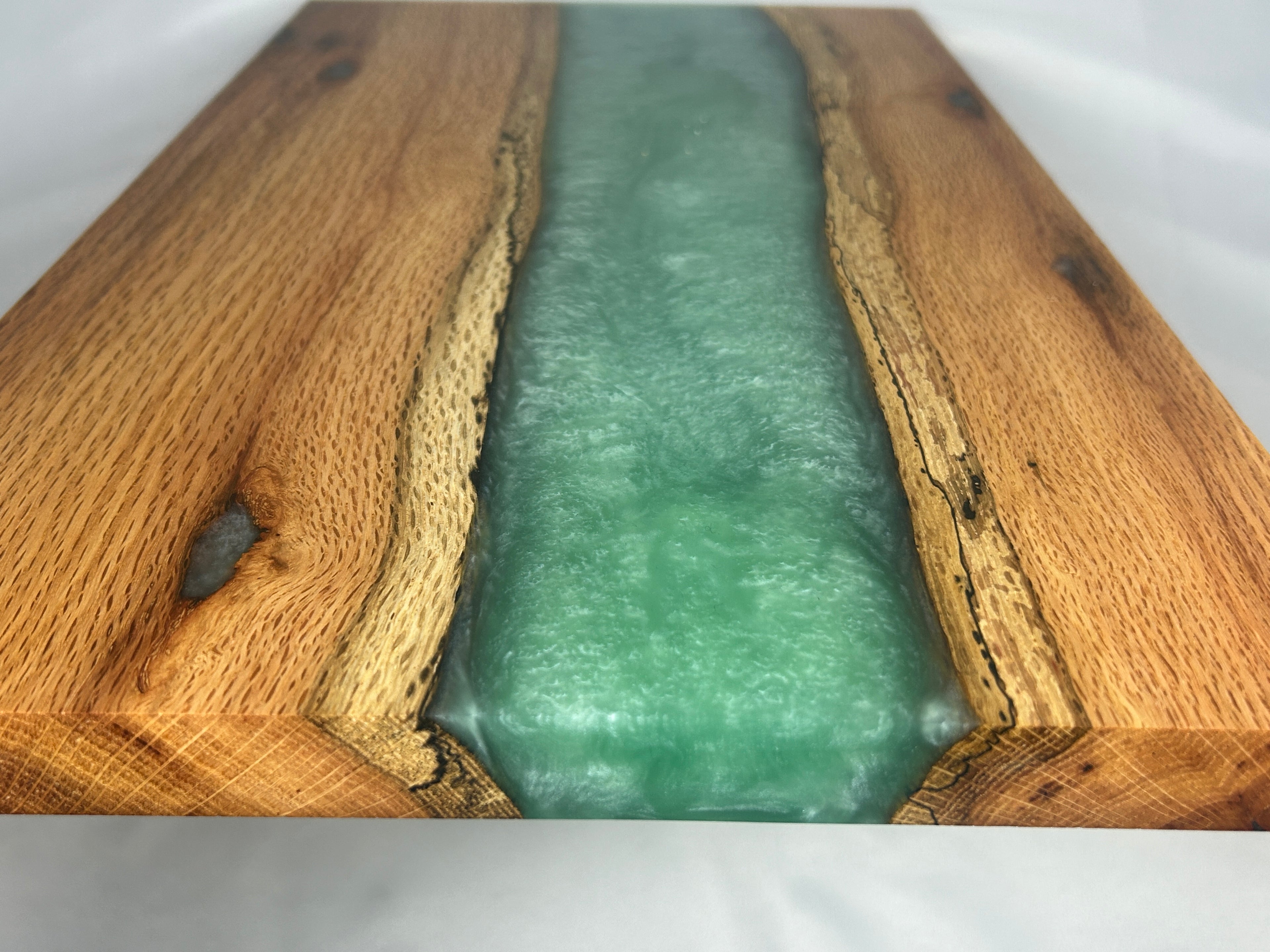 Charcuterie Board, Extra Large, Red Oak, Epoxy Live Edge River, Robins Egg Green Pearl
