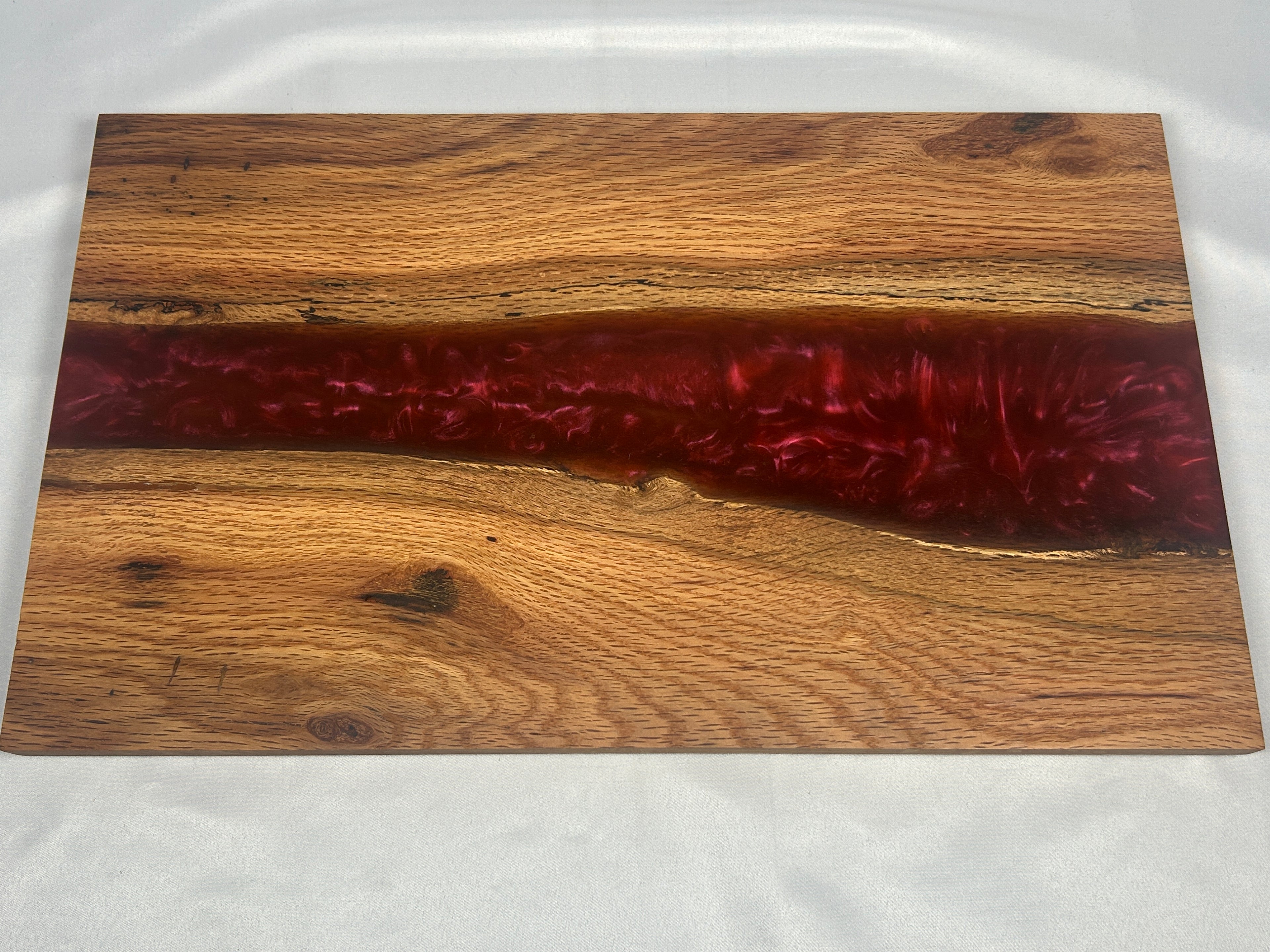 Charcuterie Board, Large, Red Oak, Epoxy Live Edge River, Burgundy Pearl, With Rubber Feet