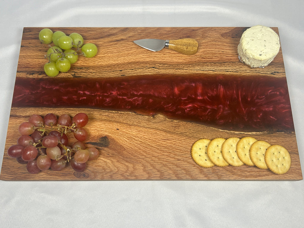 Charcuterie Board, Large, Red Oak, Epoxy Live Edge River, Burgundy Pearl, With Rubber Feet