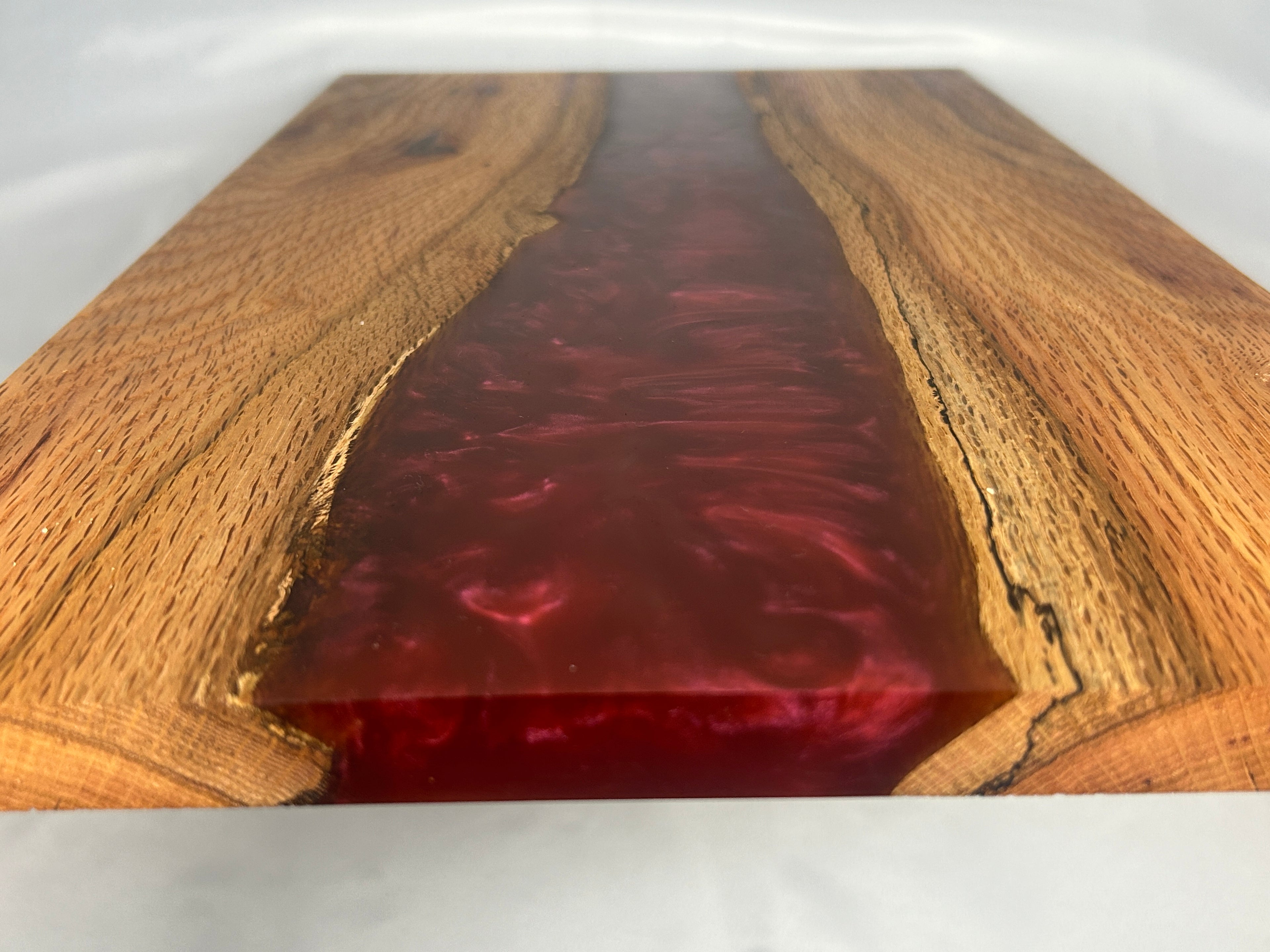 Charcuterie Board, Large, Red Oak, Epoxy Live Edge River, Burgundy Pearl, With Rubber Feet