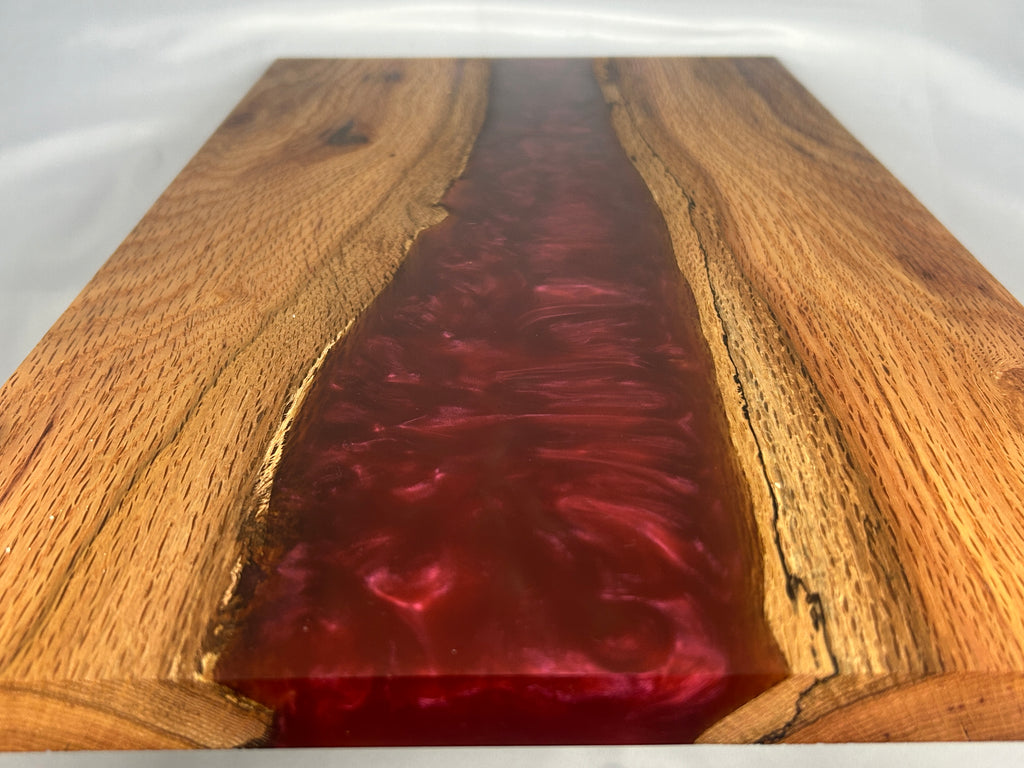 Charcuterie Board, Large, Red Oak, Epoxy Live Edge River, Burgundy Pearl, With Rubber Feet