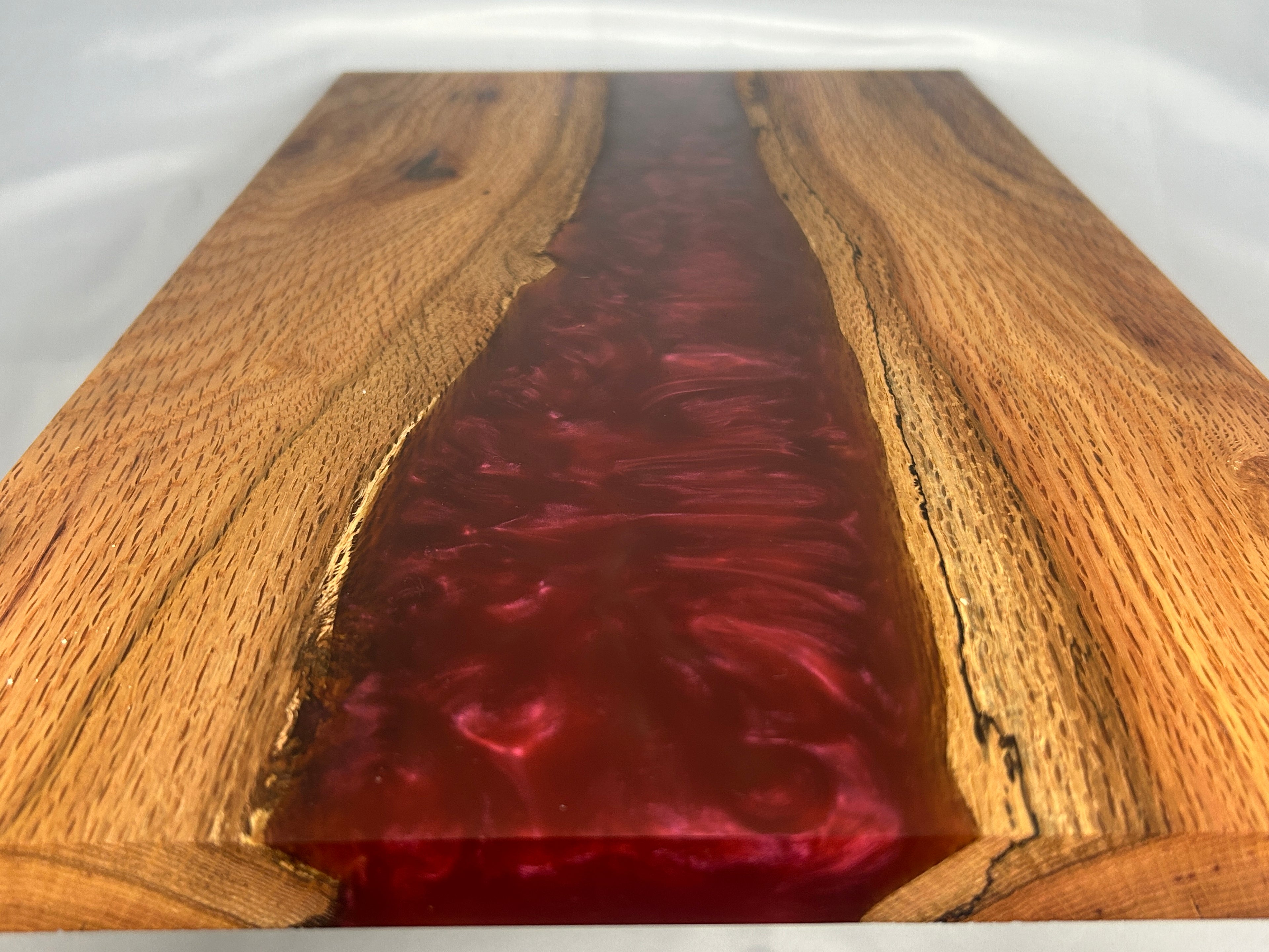 Charcuterie Board, Large, Red Oak, Epoxy Live Edge River, Burgundy Pearl, With Rubber Feet
