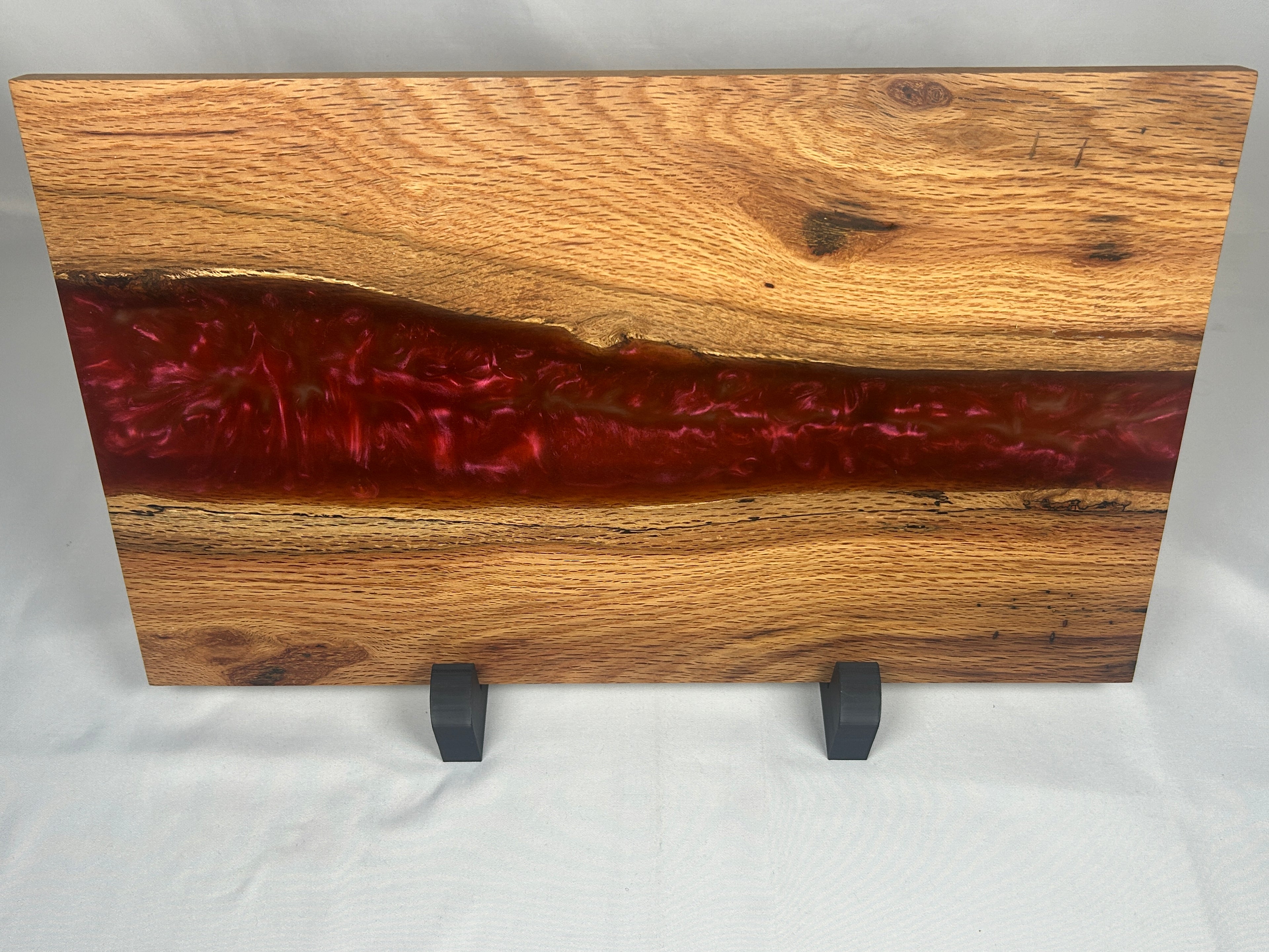 Charcuterie Board, Large, Red Oak, Epoxy Live Edge River, Burgundy Pearl, With Rubber Feet