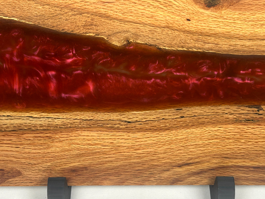 Charcuterie Board, Large, Red Oak, Epoxy Live Edge River, Burgundy Pearl, With Rubber Feet