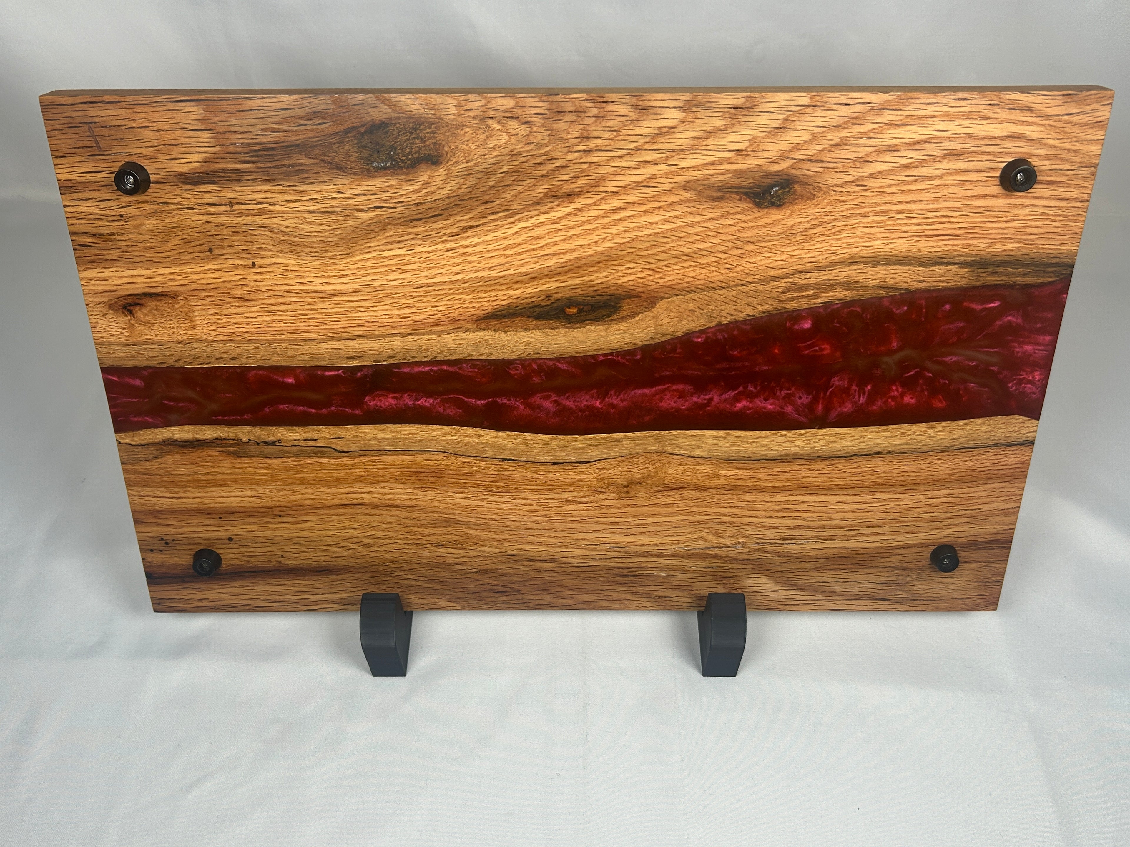 Charcuterie Board, Large, Red Oak, Epoxy Live Edge River, Burgundy Pearl, With Rubber Feet