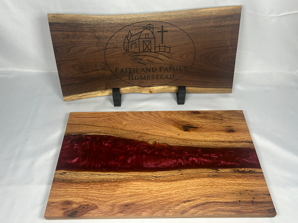 Charcuterie Board, Large, Red Oak, Epoxy Live Edge River, Burgundy Pearl, With Rubber Feet